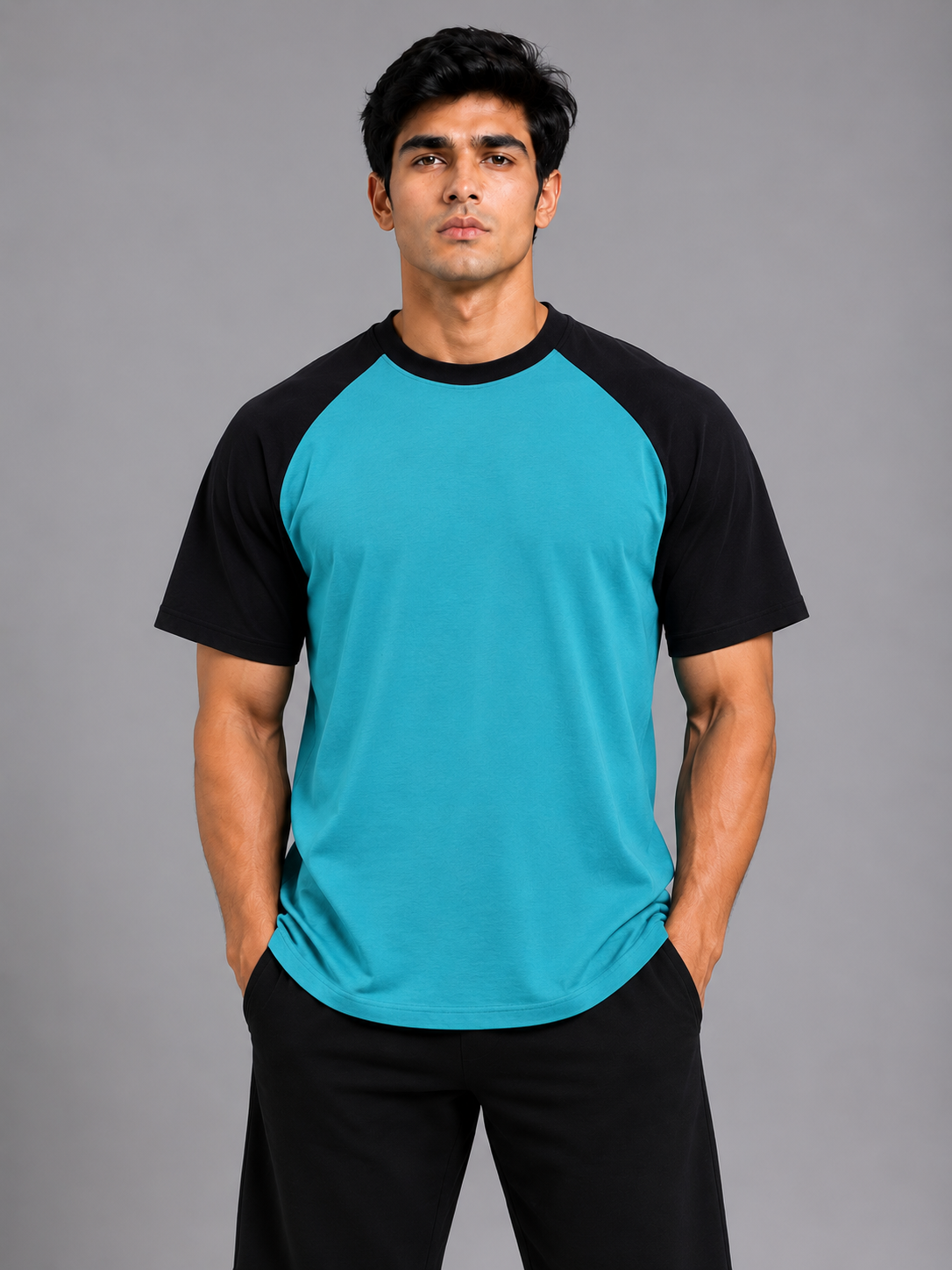 Contrast Cotton Tee – Aqua Blue / Black