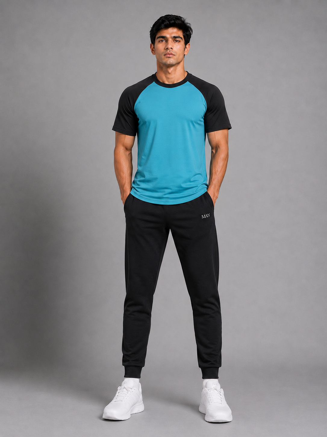 Contrast Cotton Tee – Aqua Blue / Black