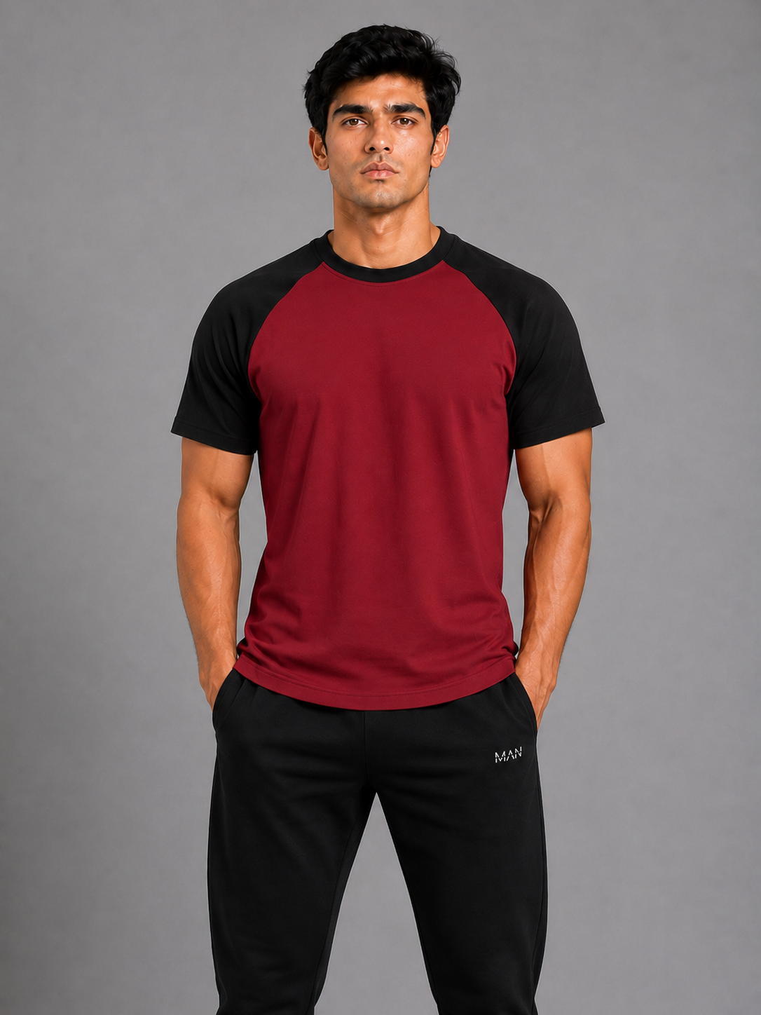 Contrast Cotton Tee – Maroon / Black