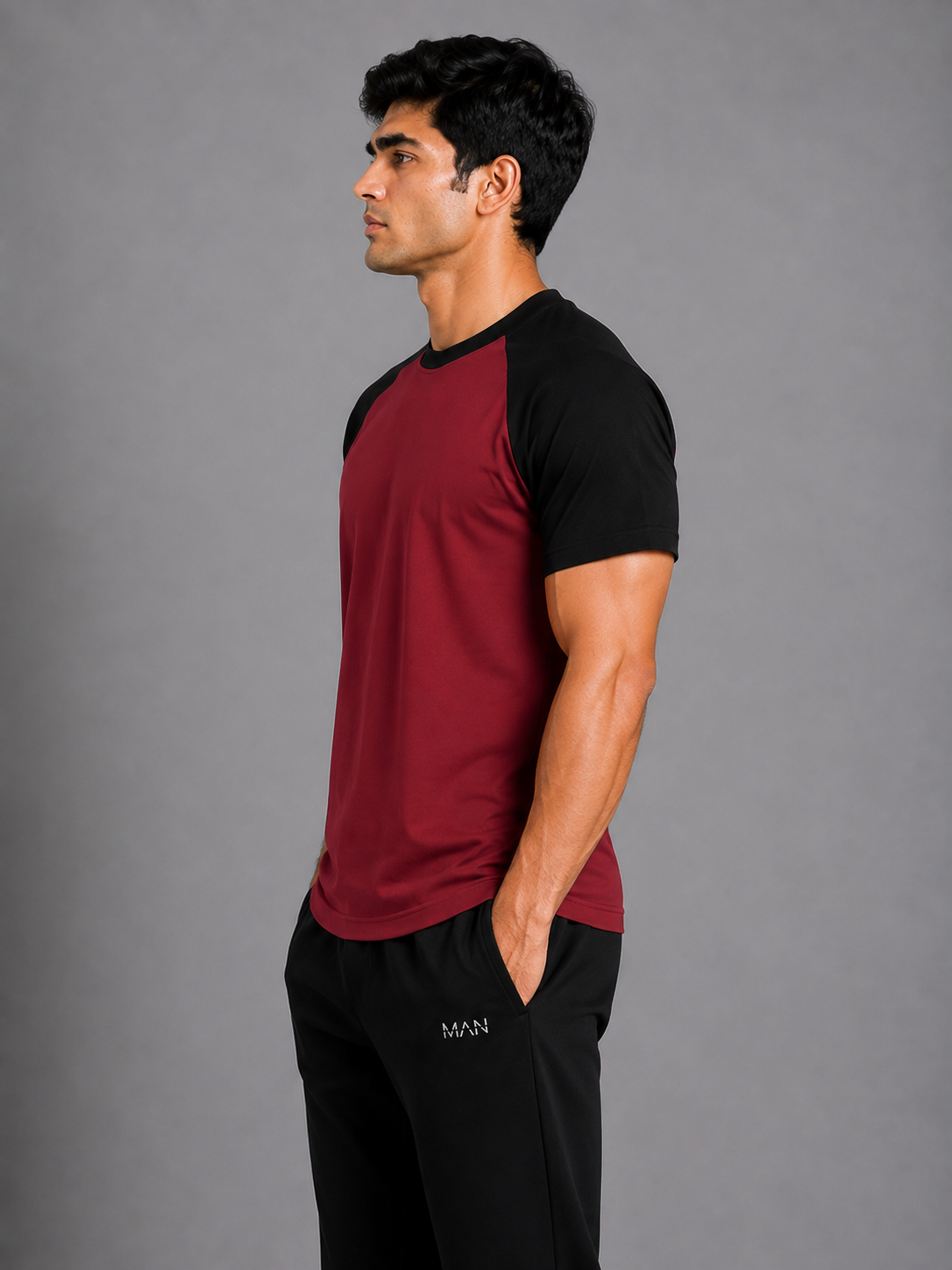 Contrast Cotton Tee – Maroon / Black
