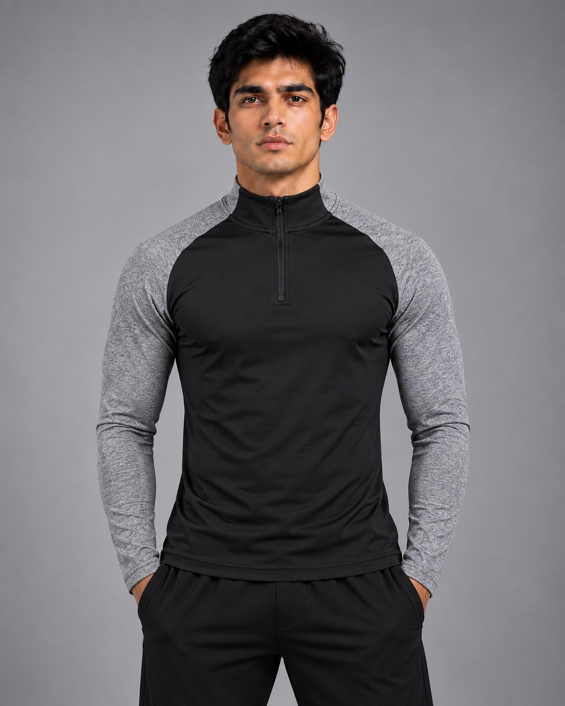 Active Compression Top – Black & Heather Gray with Zip