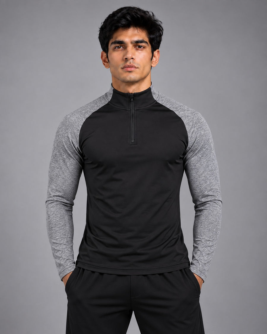 Active Compression Top – Black & Heather Gray with Zip