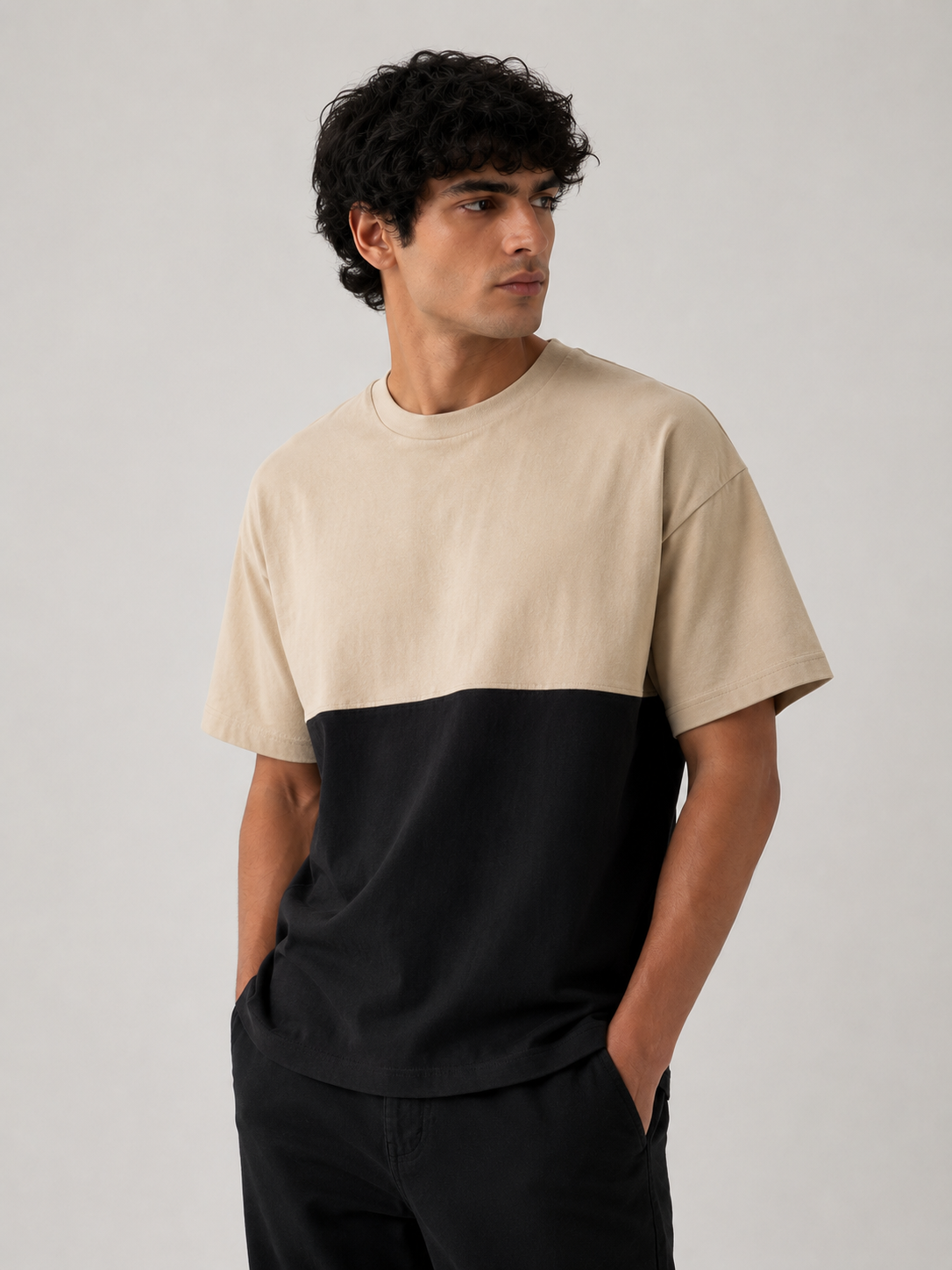 Contrast Cotton Tee – Sand / Black