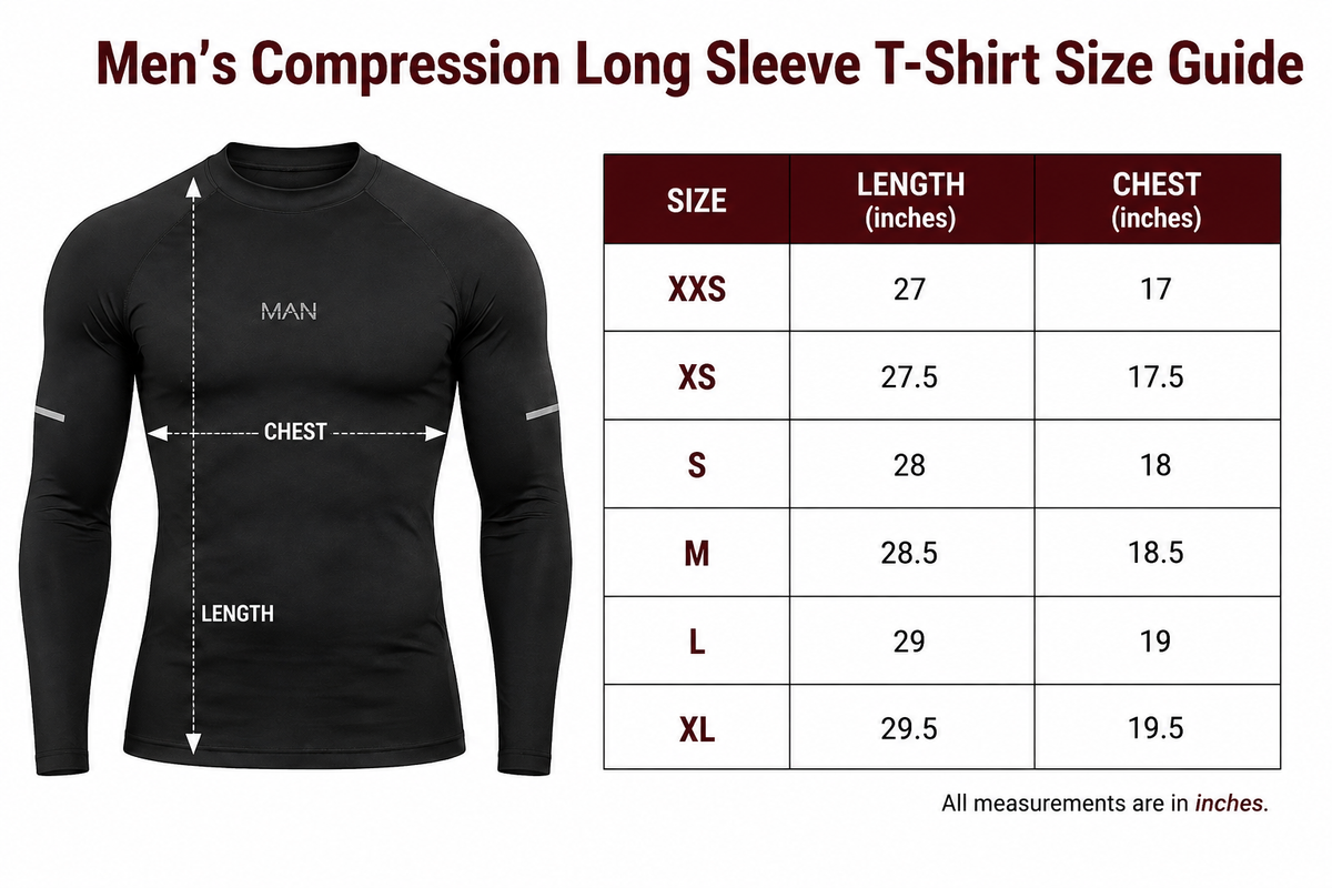 Long Sleeve Compression Shirt – Black size guide